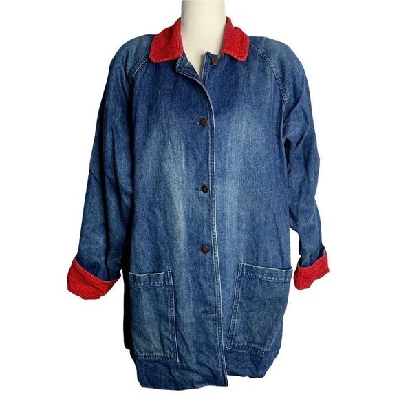 Vintage Flannel Lined Denim Chore Jacket L Dark Wash Red Corduroy Trim Pockets - Picture 1 of 7